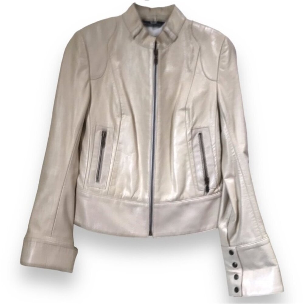 Mackage Moto Racing Leather Jacket Slim Fit Zip Pockets Neutral‎ Minimalist Tan